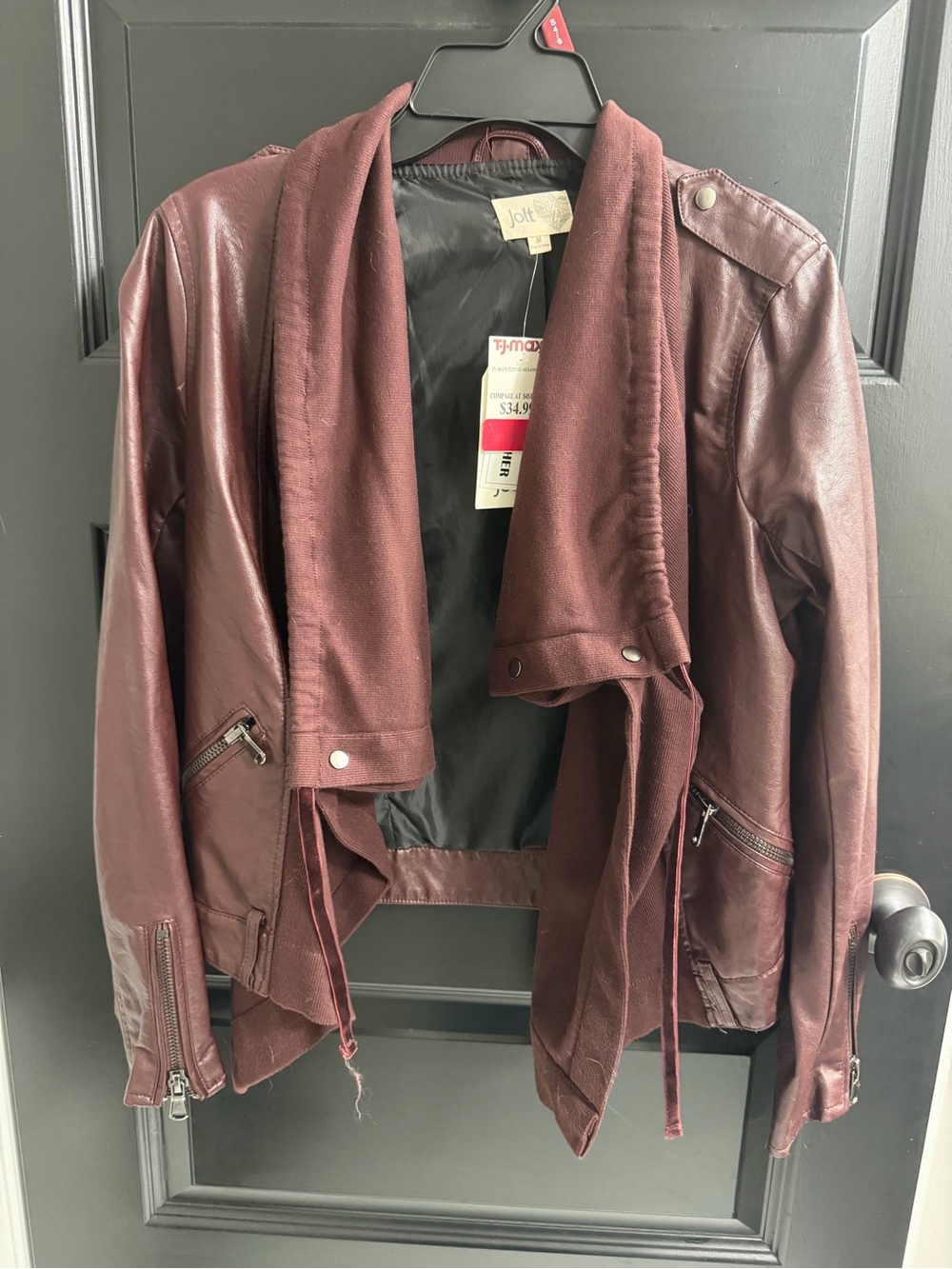 Jolt Burgundy Faux Leather Drape Moto Jacket Size M NWT